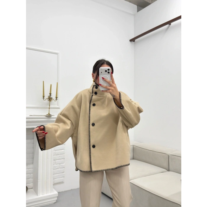 Premium Kaşe Düğmeli Ceket - BEJ