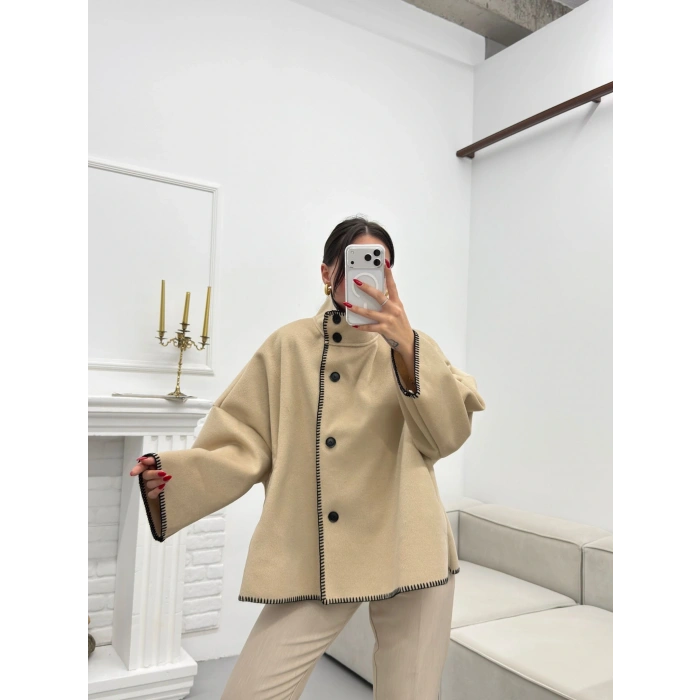 Premium Kaşe Düğmeli Ceket - BEJ