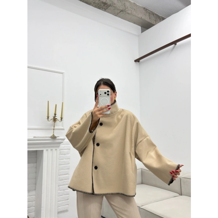 Premium Kaşe Düğmeli Ceket - BEJ