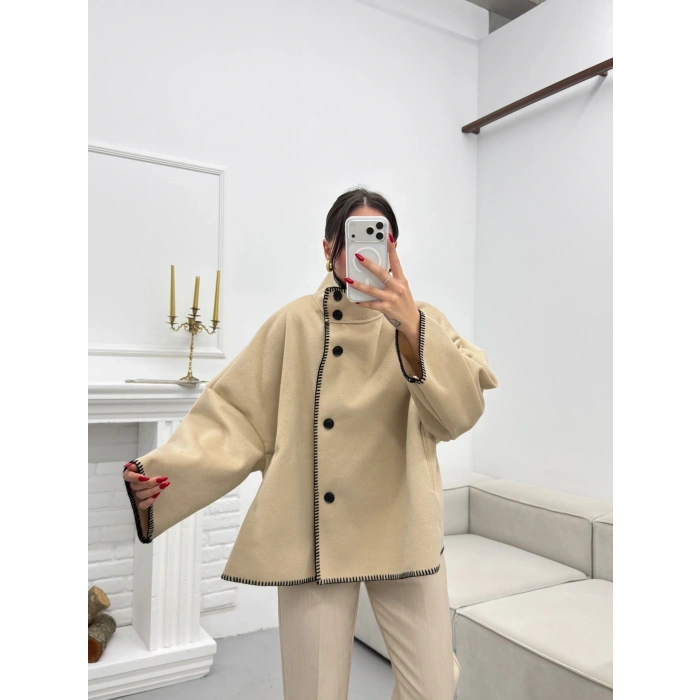 Premium Kaşe Düğmeli Ceket - BEJ