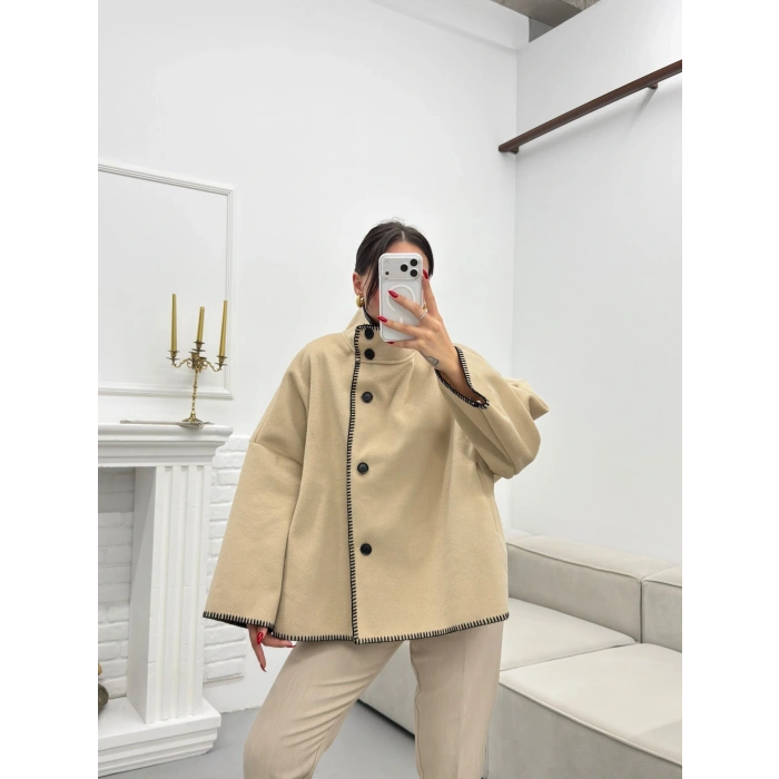 Premium Kaşe Düğmeli Ceket - BEJ