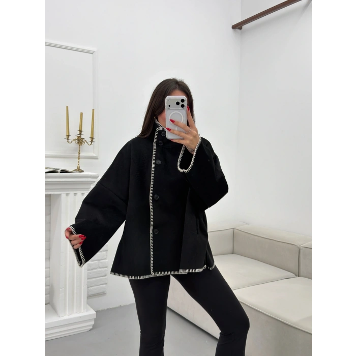 Premium Kaşe Düğmeli Ceket - SİYAH