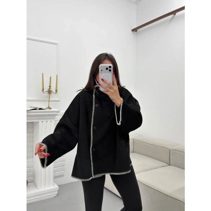 Premium Kaşe Düğmeli Ceket - SİYAH