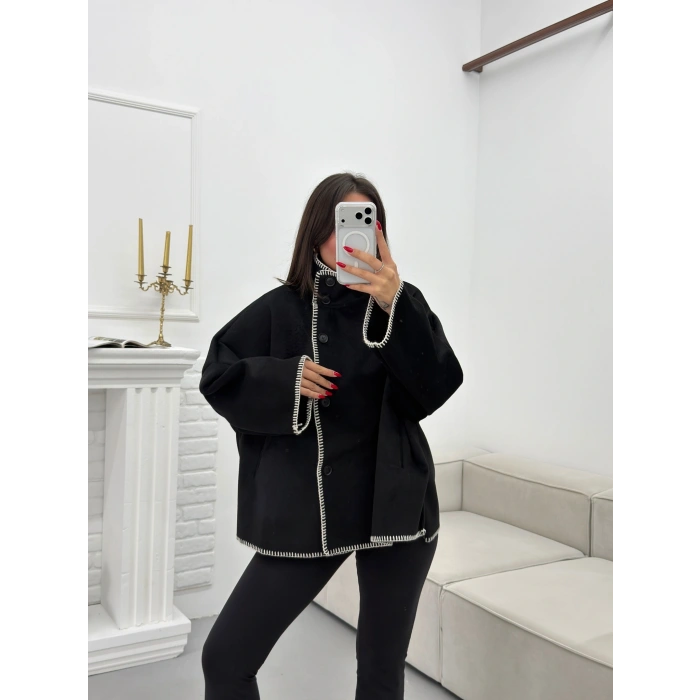 Premium Kaşe Düğmeli Ceket - SİYAH