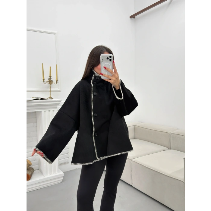 Premium Kaşe Düğmeli Ceket - SİYAH