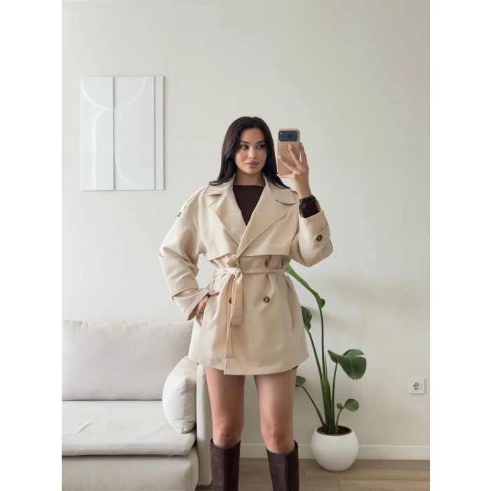 Premium Kuşaklı Trenç - BEJ