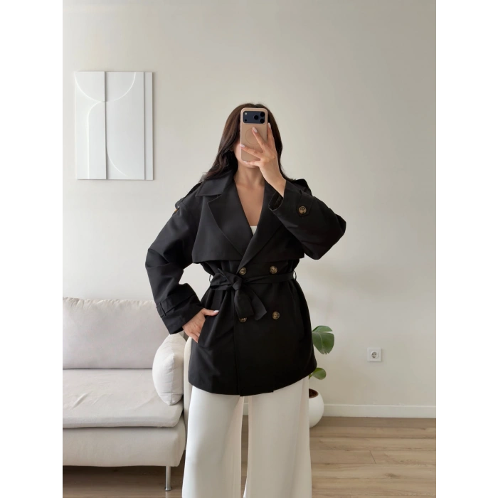Premium Kuşaklı Trenç - SİYAH