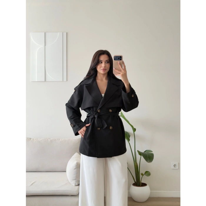 Premium Kuşaklı Trenç - SİYAH