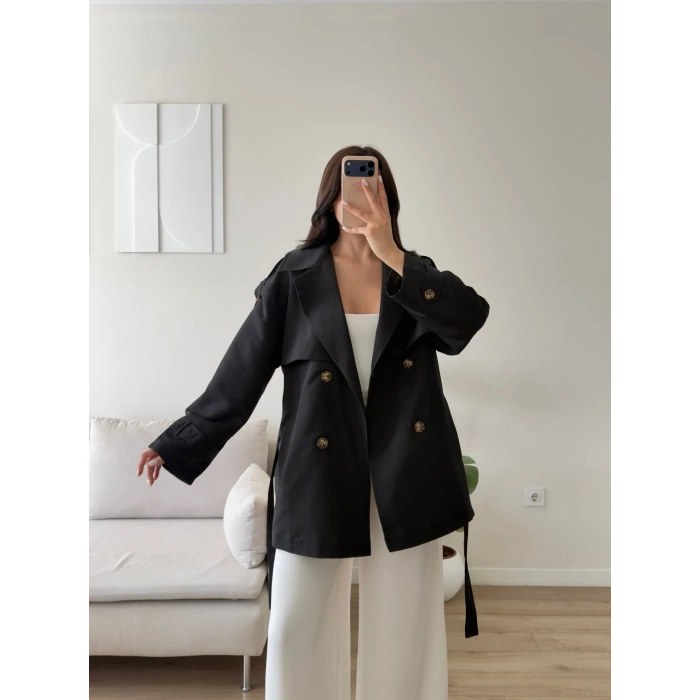 Premium Kuşaklı Trenç - SİYAH