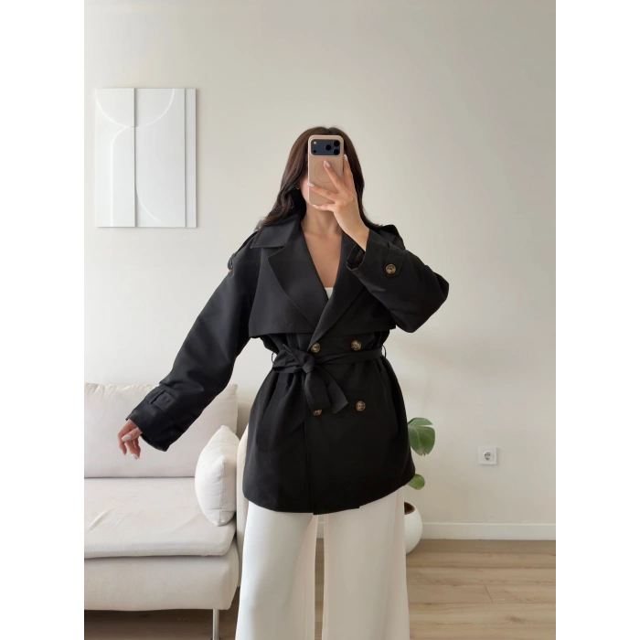 Premium Kuşaklı Trenç - SİYAH
