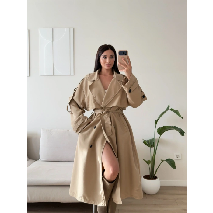 Premium Kuşaklı Trençkot - BEJ