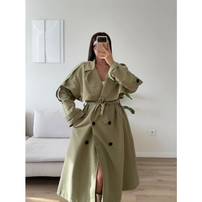 Premium Kuşaklı Trençkot - HAKİ