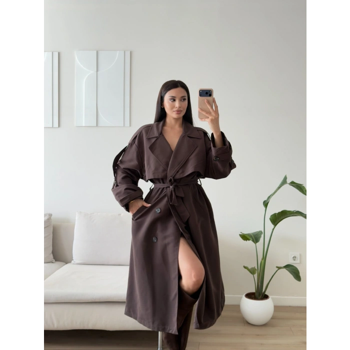 Premium Kuşaklı Trençkot - KAHVE