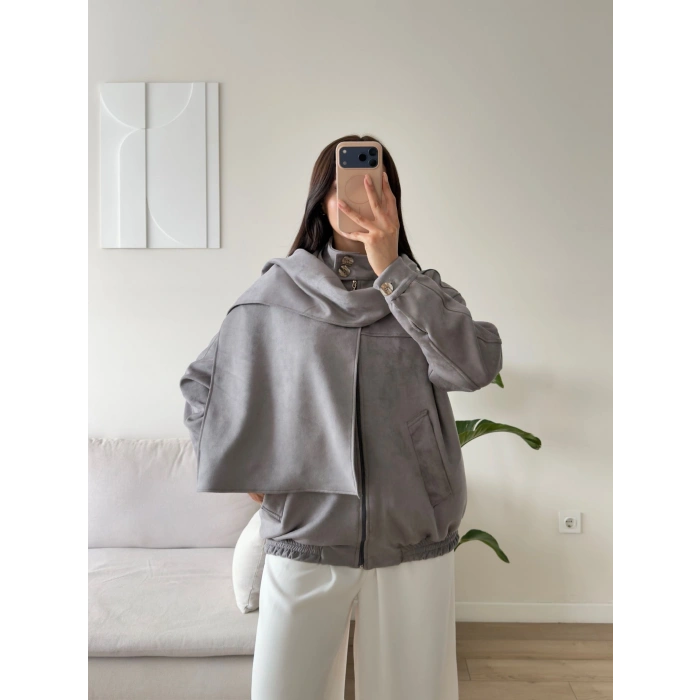 Premium Şal Detay Süet Bomber - GRİ