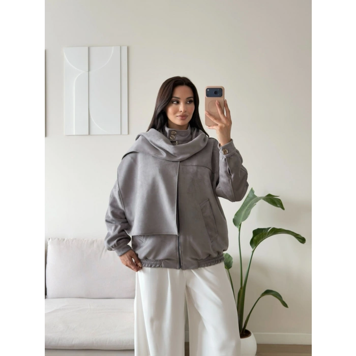 Premium Şal Detay Süet Bomber - GRİ