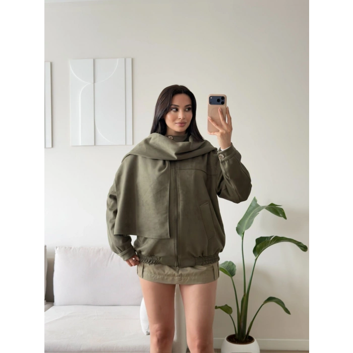 Premium Şal Detay Süet Bomber - HAKİ