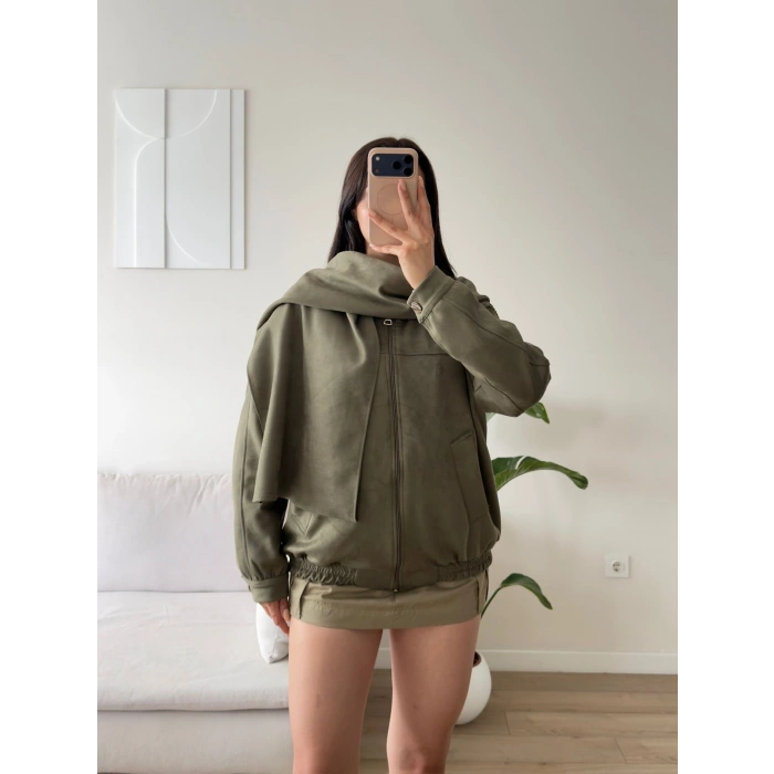 Premium Şal Detay Süet Bomber - HAKİ