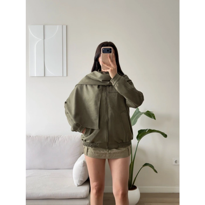 Premium Şal Detay Süet Bomber - HAKİ