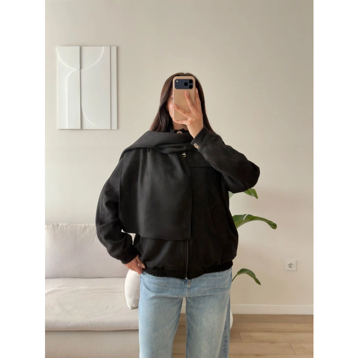 Premium Şal Detay Süet Bomber - SİYAH