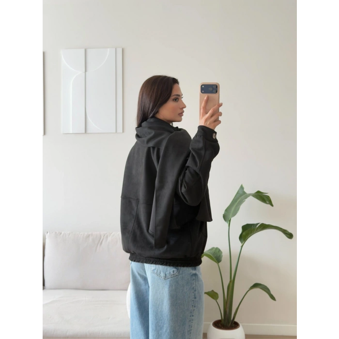 Premium Şal Detay Süet Bomber - SİYAH