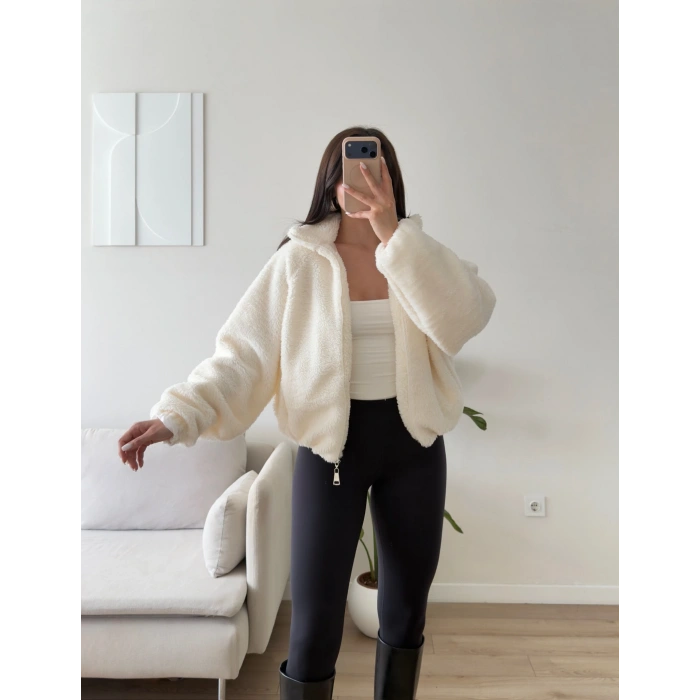 Premium Teddy Oversize Bomber - BEYAZ