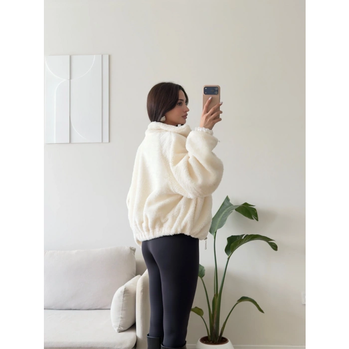 Premium Teddy Oversize Bomber - BEYAZ