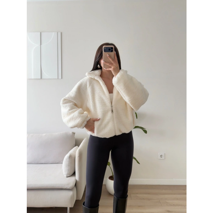 Premium Teddy Oversize Bomber - BEYAZ
