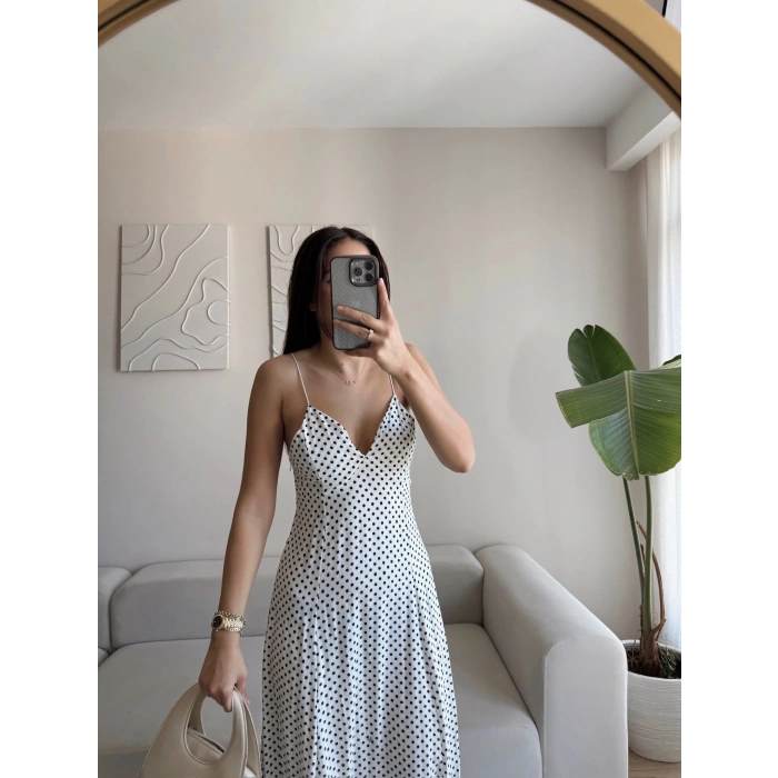 Puantiyeli Askılı Elbise - BEYAZ