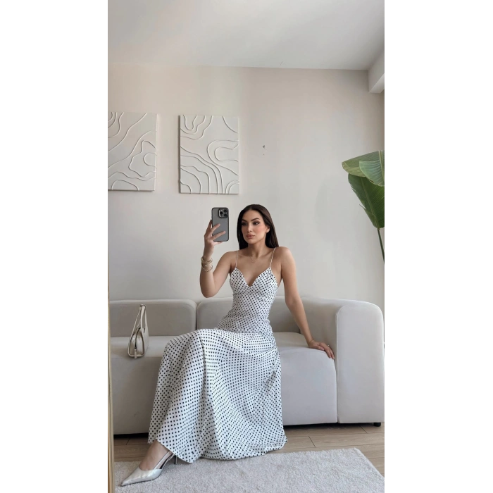 Puantiyeli Askılı Elbise - BEYAZ