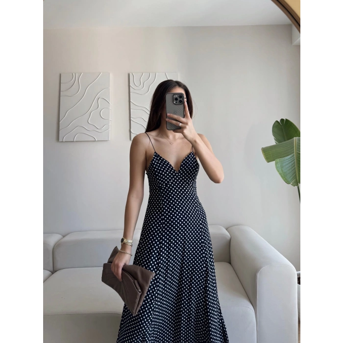 Puantiyeli Askılı Elbise - SİYAH