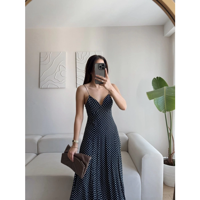 Puantiyeli Askılı Elbise - SİYAH