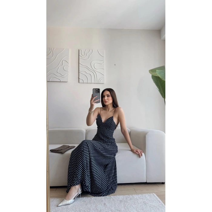 Puantiyeli Askılı Elbise - SİYAH