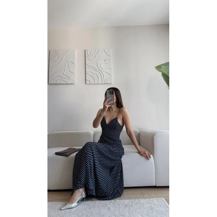 Puantiyeli Askılı Elbise - SİYAH