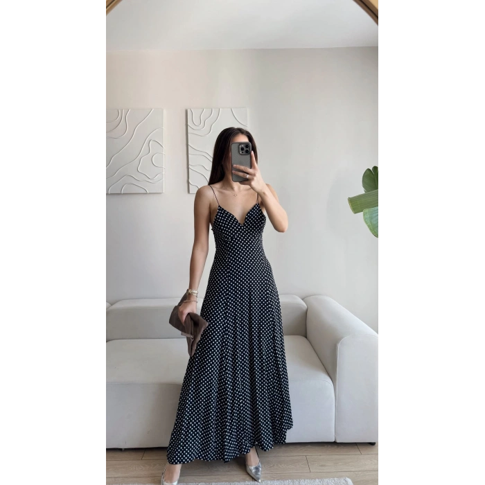 Puantiyeli Askılı Elbise - SİYAH
