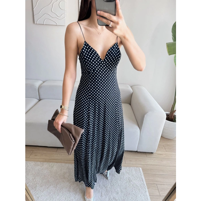 Puantiyeli Askılı Elbise - SİYAH