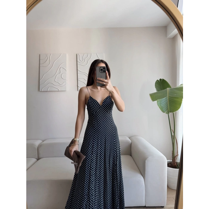 Puantiyeli Askılı Elbise - SİYAH