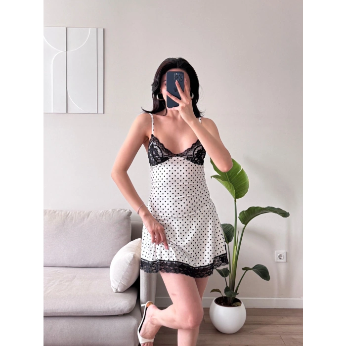 Puantiyeli Dantel Detay Elbise - BEYAZ