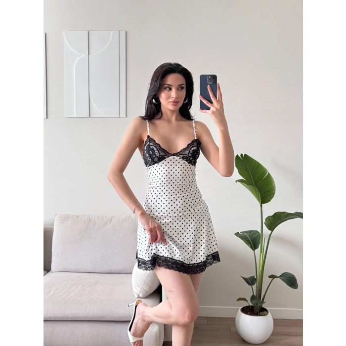 Puantiyeli Dantel Detay Elbise - BEYAZ