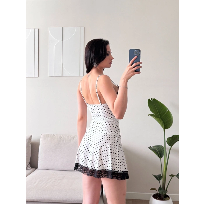 Puantiyeli Dantel Detay Elbise - BEYAZ