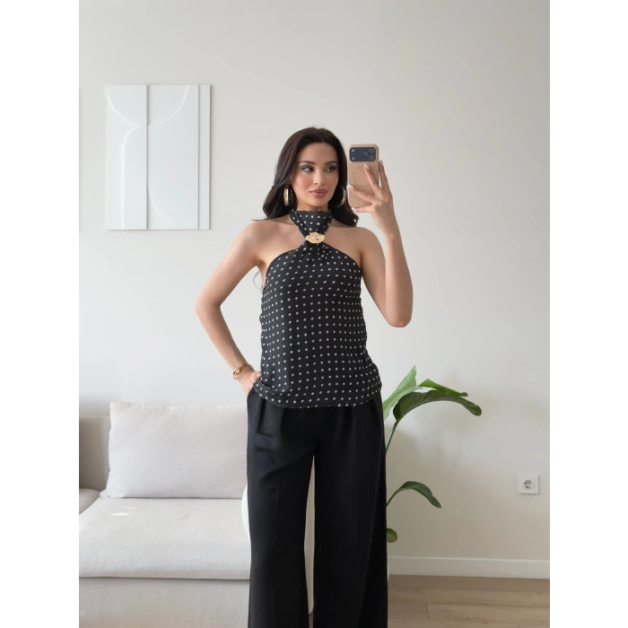 Puantiyeli Halter Aksesuar Bluz - BEYAZ