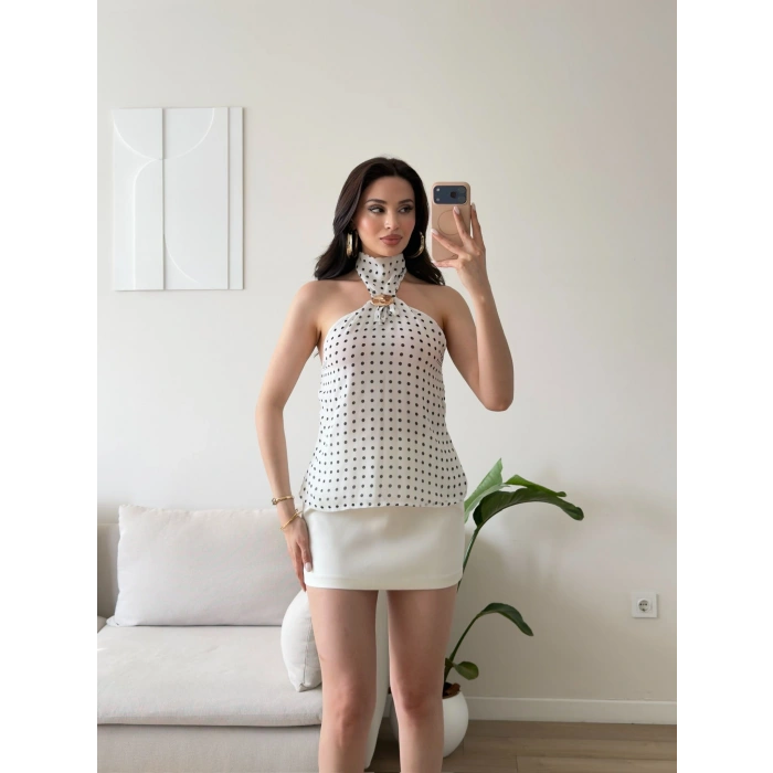 Puantiyeli Halter Aksesuar Bluz - BEYAZ