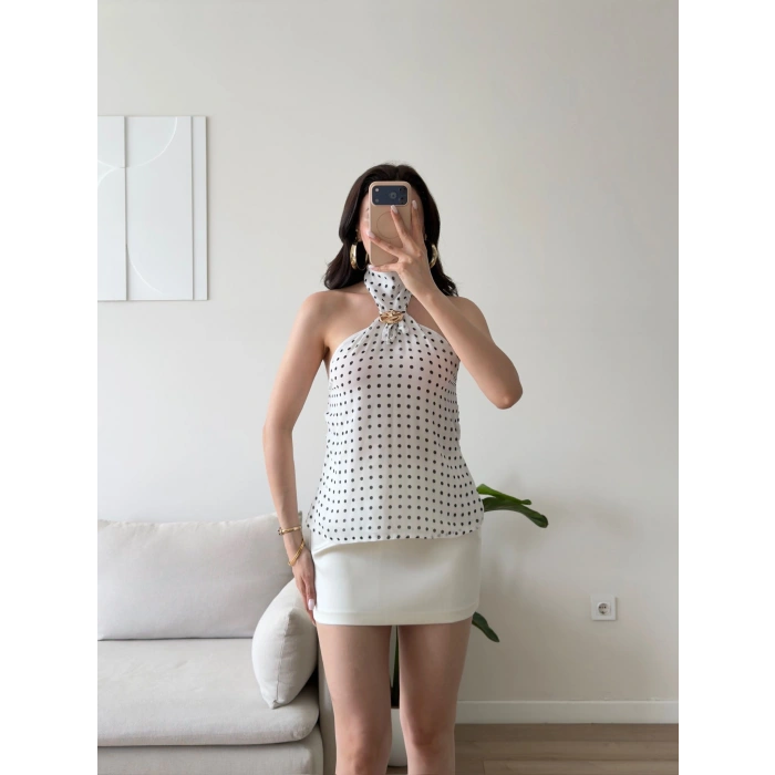 Puantiyeli Halter Aksesuar Bluz - BEYAZ