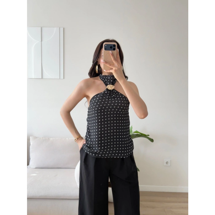 Puantiyeli Halter Aksesuar Bluz - SİYAH