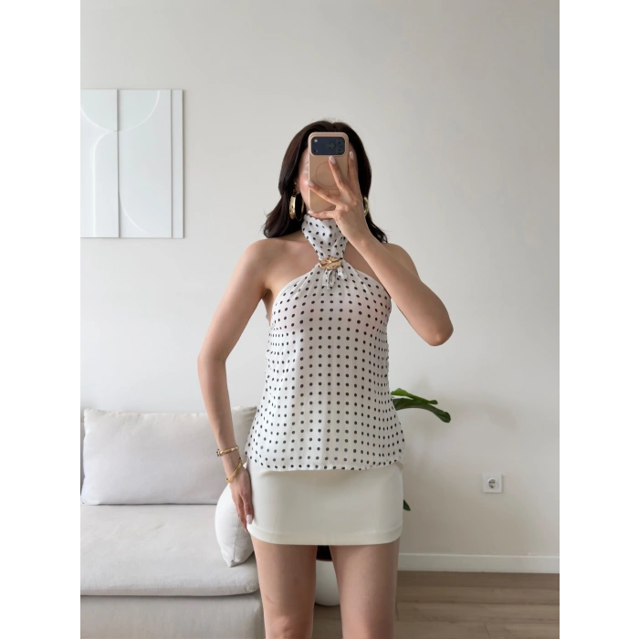 Puantiyeli Halter Aksesuar Bluz - BEYAZ