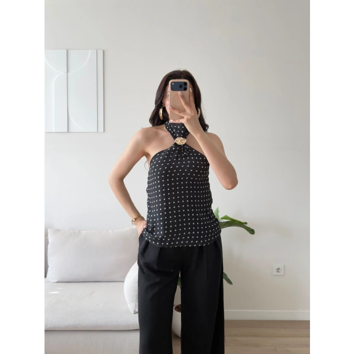 Puantiyeli Halter Aksesuar Bluz - SİYAH