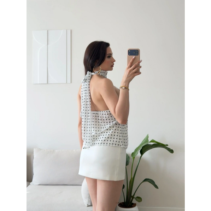 Puantiyeli Halter Aksesuar Bluz - BEYAZ