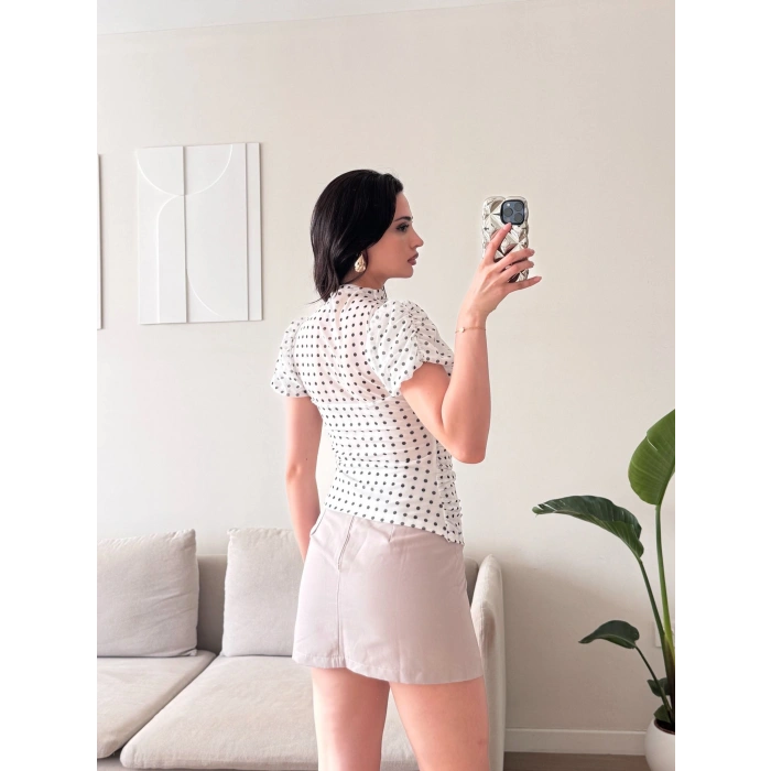 Puantiyeli Karpuz Kol Bluz - BEYAZ