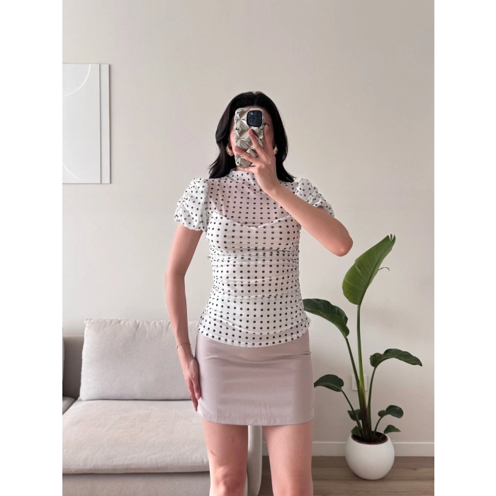 Puantiyeli Karpuz Kol Bluz - BEYAZ