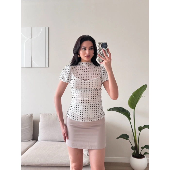 Puantiyeli Karpuz Kol Bluz - BEYAZ