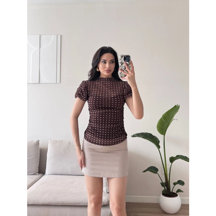 Puantiyeli Karpuz Kol Bluz - KAHVE